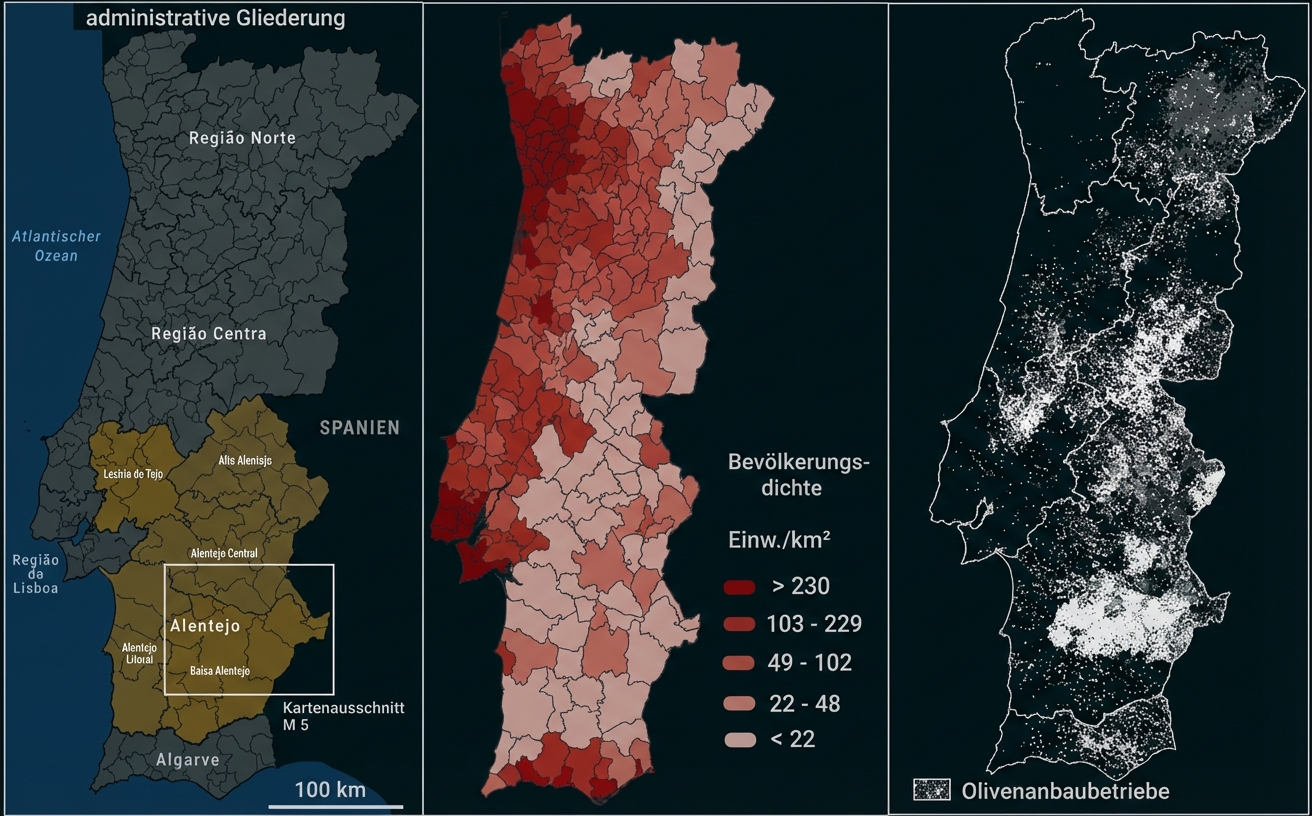 Dreiteilige Portugalkarte: links Verwaltungsgliederung, Mitte Bevölkerungsdichte in Farbabstufungen, rechts Punkte für Olivenanbaubetriebe.